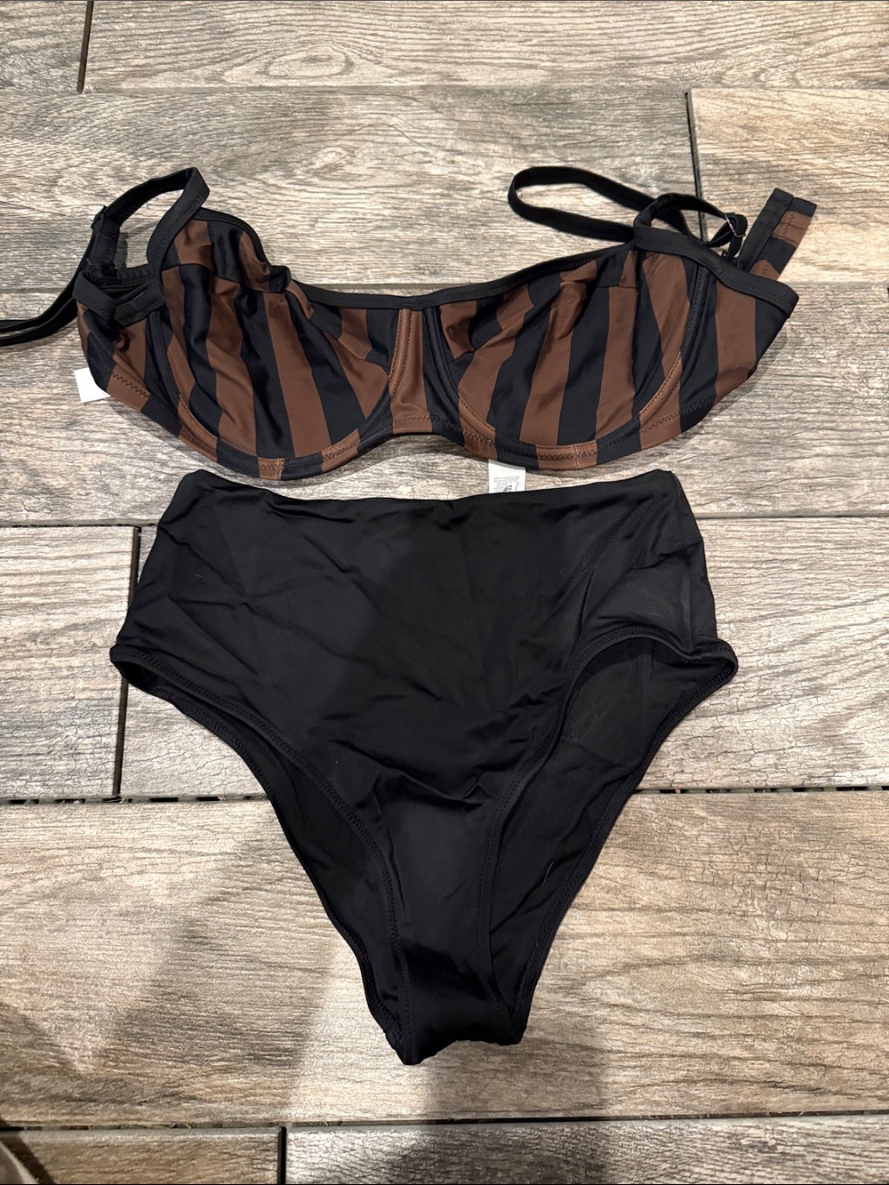 Striped Brown and Black Two-Piece Women's Swim Set aerie top 34DDD bottoms medim